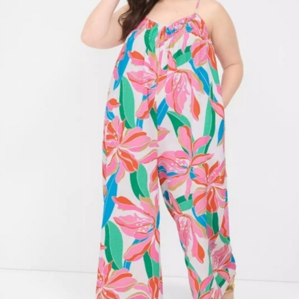 Lane Bryant Vibrant Tropical Floral Print Cotton Jumpsuit